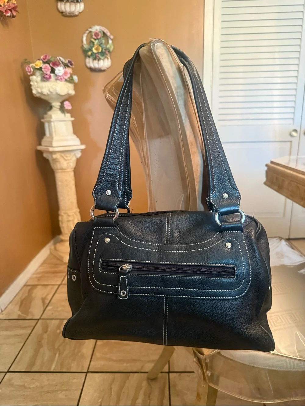 Tignanello Black Shoulder Bag with White Contrast Stitching.